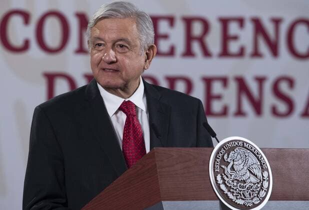 (200519) -- MEXICO CITY, May 19, 2020 (Xinhua) -- Mexican President Andres Manuel Lopez Obrador speaks during a press conference in Mexico City, Mexico, May 18, 2020. Andres Manuel Lopez Obrador on Monday estimated the country will be able to stop importing gasoline by 2023 after improving its own capacity to refine crude oil. (Str Xinhua) MEXICO-MEXICO CITY-GASOLINE-IMPORT 