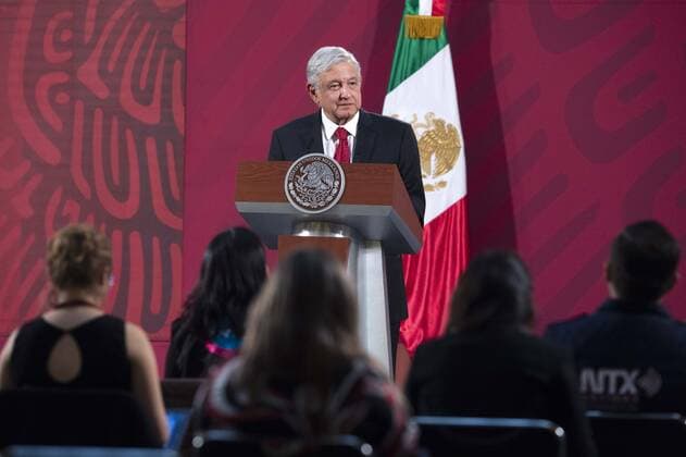 (200519) -- MEXICO CITY, May 19, 2020 (Xinhua) -- Mexican President Andres Manuel Lopez Obrador speaks during a press conference in Mexico City, Mexico, May 18, 2020. Andres Manuel Lopez Obrador on Monday estimated the country will be able to stop importing gasoline by 2023 after improving its own capacity to refine crude oil. (Str Xinhua) MEXICO-MEXICO CITY-GASOLINE-IMPORT 