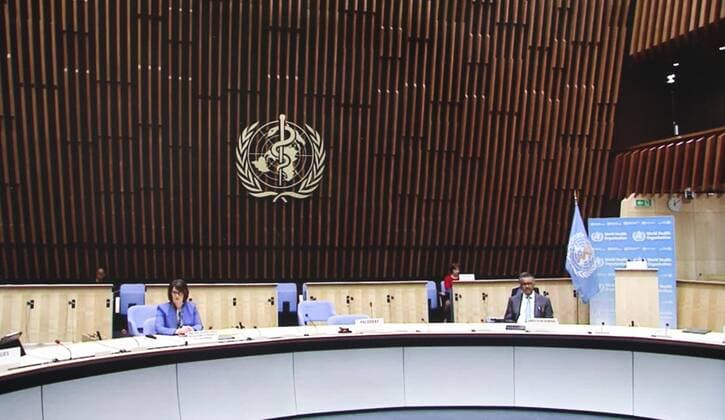 (200519) -- GENEVA, May 19, 2020 -- Photo taken on May 18, 2020 in Brussels, Belgium shows a screen displaying World Health Organization Director-General Tedros Adhanom Ghebreyesus (1st R) at the 73rd World Health Assembly. ) Xinhua Headlines: Unity, leadership, equity highlighted at COVID-19-dominated WHO meeting ZhengxHuansong 
