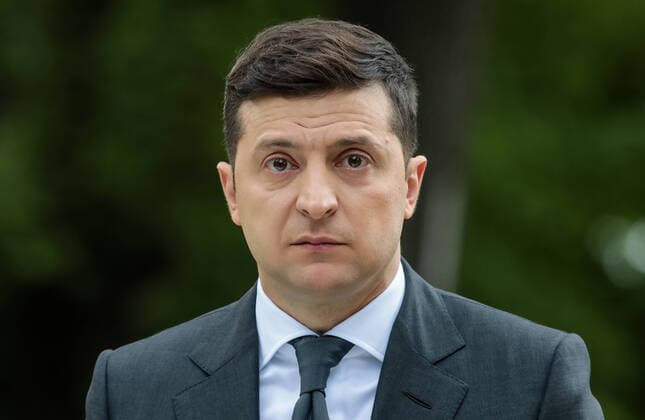 KIEV, UKRAINE - MAY 20, 2020: Ukraine s President Volodymyr Zelensky gives a press conference on his first year in office in a park by the Mariyinsky Palace. Zelensky was sworn in as Ukraine s President on May 20, 2019. Ivan Nikolayev TASS  TS0D9C88