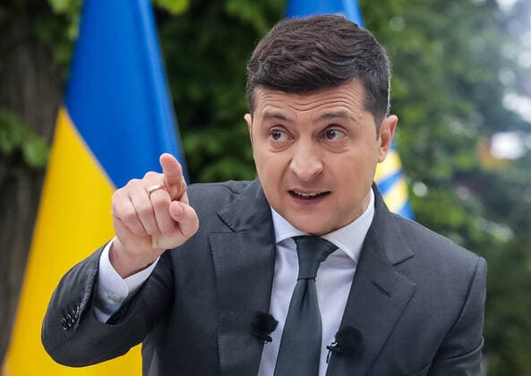 KIEV, UKRAINE - MAY 20, 2020: Ukraine s President Volodymyr Zelensky gives a press conference on his first year in office in a park by the Mariyinsky Palace. Zelensky was sworn in as Ukraine s President on May 20, 2019. Ivan Nikolayev TASS  TS0D9C90