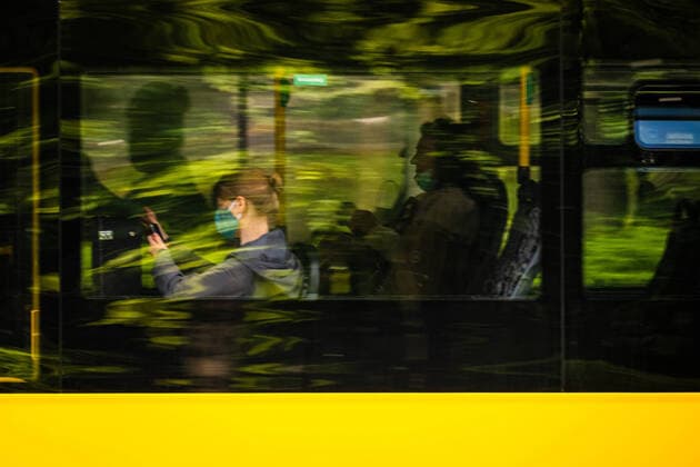 19 05 2020,Berlin,Germany,GER, the city in times of corona pandemic BVG bus passengers with mouth nose protection masks