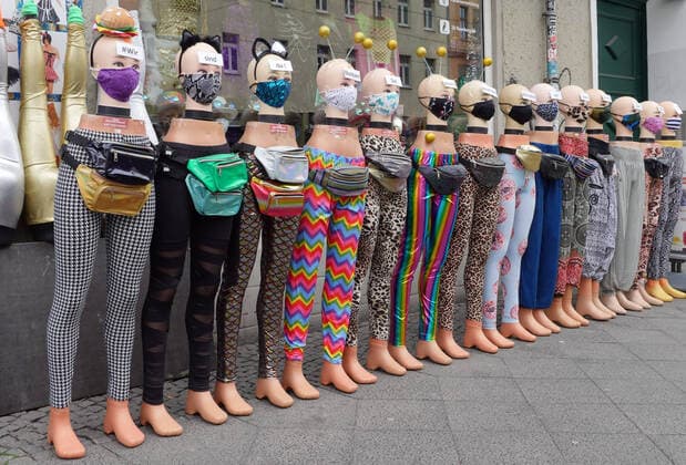 222 05 2020, Berlin Germany For the fight against the Corona Virus this shop offers face masks, like a small army the models are exhibited