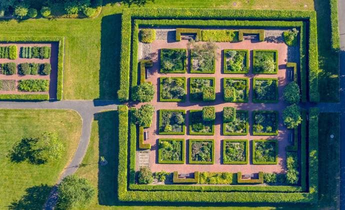 Luftbild, Kräutergarten im Mutterhausgarten am St. Franziskus-Hospital, Herz-Jesu, Münster, Münsterland, Nordrhein-Westfalen, Deutschland !ACHTUNGxMINDESTHONORARx60xEURO! *** Aerial photograph, herb garden in the Motherhouse Garden at St Franziskus Hospital, Heart of Jesus, Münster, Münsterland, North Rhine-Westphalia, Germany ACHTUNGxMINDESTHONORARARx60xEURO