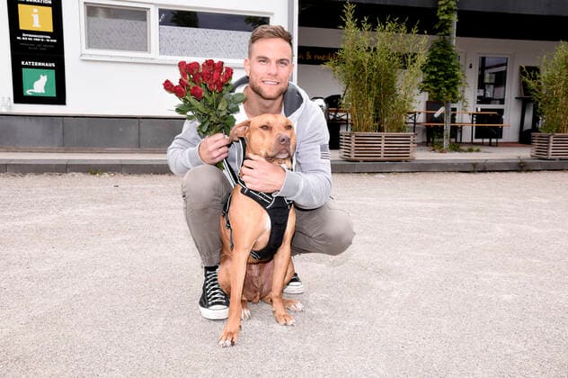 Sebastian Preuss with dog Chopper hands over to the animal keepers of the Munich Animal Shelter in thanks for their commitment during the Corona Pandemic Red Roses Munich, 25 05 2020 Foto:xS.xAdamx xFuturexImage