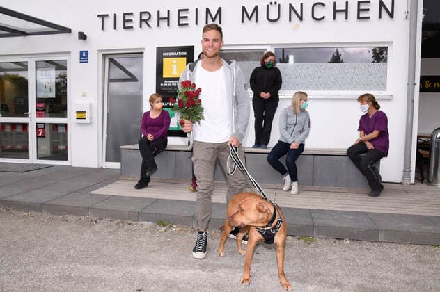 Sebastian Preuss with dog chopper and animal caretakers hands over to the animal caretakers of the Munich Animal Shelter in thanks for their commitment during the Corona Pandemic Red Roses Munich, 25 05 2020 Foto:xS.xAdamx xFuturexImage