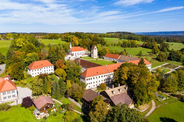Germany, Bavaria, Wessobrunn, Helicopter view of Wessobrunn Abbey in summer AMF08070