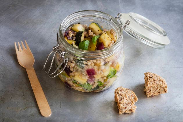 Jar of gluten free vegan salad with buckwheat, zucchini and paprika EVGF03608