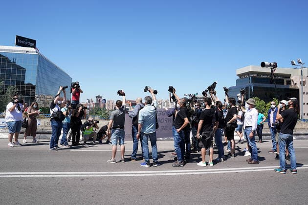 Spanish graphic journalists protest in front of the headquarters of La Liga against the prohibition of access of the media to training, events and games in the return to competition during the health crisis due to the Covid-19 virus pandemic - Coronavirus. May 28,2020. (2020052703)