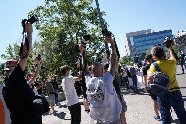 Spanish graphic journalists protest in front of the headquarters of La Liga against the prohibition of access of the media to training, events and games in the return to competition during the health crisis due to the Covid-19 virus pandemic - Coronavirus. May 28,2020. (2020052707)