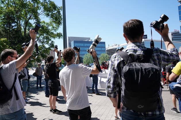 Spanish graphic journalists protest in front of the headquarters of La Liga against the prohibition of access of the media to training, events and games in the return to competition during the health crisis due to the Covid-19 virus pandemic - Coronavirus. May 28,2020. (2020052710)