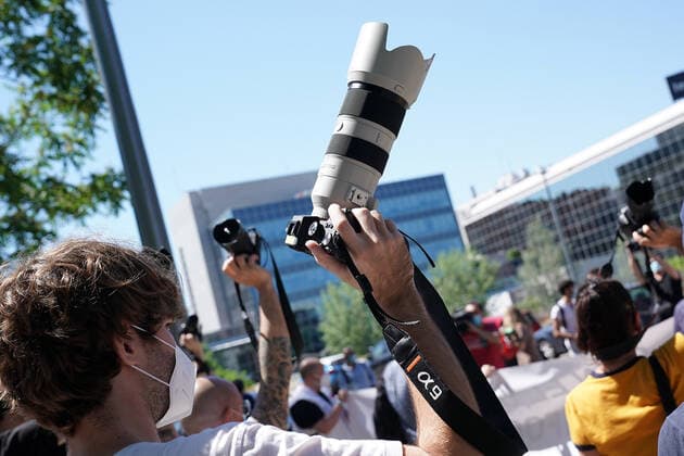 Spanish graphic journalists protest in front of the headquarters of La Liga against the prohibition of access of the media to training, events and games in the return to competition during the health crisis due to the Covid-19 virus pandemic - Coronavirus. May 28,2020. (2020052711)
