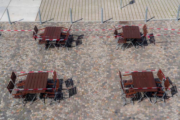 Gastronomy during the corona crisis, locked tables in beer gardens, Essen, Ruhrgebiet, NRW, Germany Corona crisis
