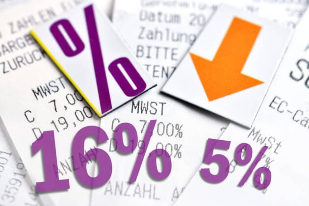 PHOTO MOUNTING, tax rates 16 and 5 percent with percentage sign and downward pointing arrow on receipts, symbol photo for VAT reduction to stimulate the economy ** NUR FUER REDAKTIONELLE ZWECKE ** EDITORIAL USE ONLY **