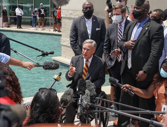 Governor of Texas Greg Abbott speaks to the press after paying his respects to Floyd George at the Fountain of Praise Church in Houston, Texas on Monday, June 8, 2020. George Floyd died in police custody in Minneapolis, Minnesota on May 25, 2020. His death sparked demonstrations globally to combat racism and legislation in Congress for reforms.  HOU20200608935 JEMALxCOUNTESS