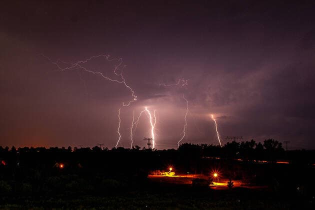 Lightnings of a thunderstorm are in the sky late in the evening Germany Frankfurt Oder 28 05 2007 Weather Heavy thunderstorm