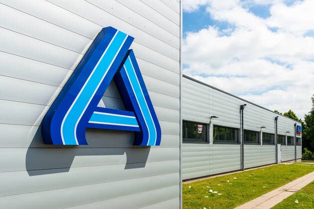 Aldi proper spelling ALDI, stands for Albrecht discount describes the two discount retail chains Aldi Nord and Aldi Süd Kiel Schleswig Holstein Germany