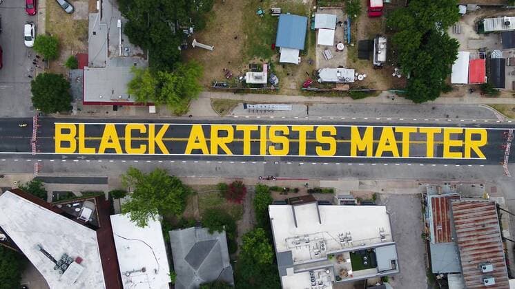 June 18, 2020, Austin, Texas, USA: Large yellow letters spelling Black Artists Matter are painted in the historically black neighborhood of East 11th Street after a coalition of artists and activists finished the mural on June 18, 2020. The painting came two days after the same group painted Black Austin Matters on Austin s Main Street, Congress Avenue. Austin USA - ZUMAd150 20200618_znp_d150_028 Copyright: xBobxDaemmrichx