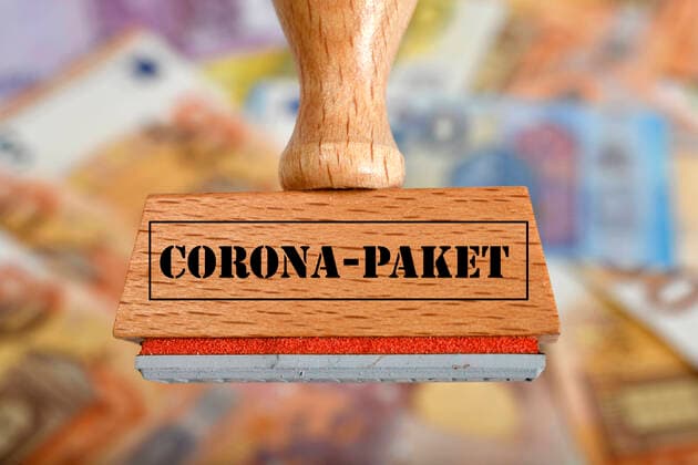 Symbol image economic stimulus package during Corona crisis, stamp with inscription CORONA PAKET, Germany Symbol image stamp