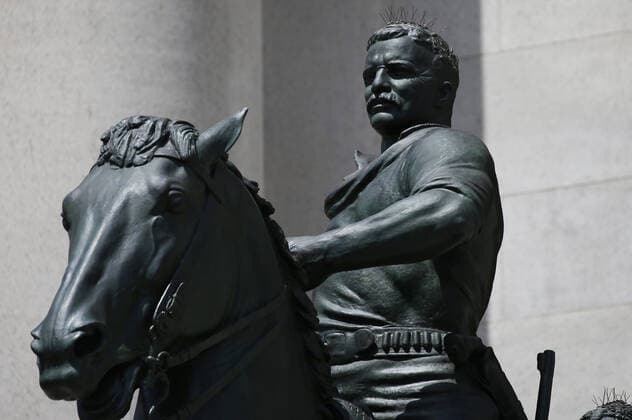 Police barricades surround the area around a bronze statue of former President Theodore Roosevelt at the American Museum Of Natural History in New York City on Monday, June 22, 2020. The statue of the 26th president flanked by walking Native American and African figures was unveiled to the public in front of the museum s Central Park West entrance in 1940. Statues in the United States and around the world have been knocked down, removed and vandalized as a debate swirls over monuments that represent possible racial oppression.  NYP20200622107 JOHNxANGELILLO