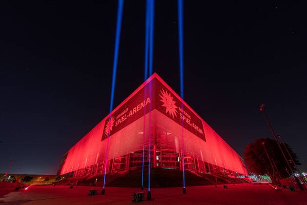 Night of Light Düsseldorf, 22 06 2020 Düsseldorf Venues in Red, Merkur Spiel Arena, Night of Light, 22 06 2020 in Düsseldorf Düsseldorf Merkur Spiel Arena Düsseldorf North Rhine-Westphalia Germany Copyright: xBEAUTIFULxSPORTS KennyxBeelex