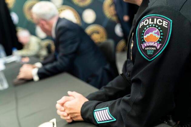 June 23, 2020 - Yuma, Arizona - President Donald J. Trump is joined by U.S. Customs and Border Protection Acting Commissioner Mark Morgan; Department of Homeland Security Acting Secretary Chad Wolf; Arizona Governor Doug Ducey; Senator Martha McSally, R-AZ, and other federal and state officials at a border security roundtable Tuesday, June 23, 2020, at the U.S. Border Patrol Yuma Sector headquarters along the U.S.-Mexico border near Yuma. Yuma USA - ZUMAz03_ 20200623_sha_z03_411 Copyright: xWhitexHousex