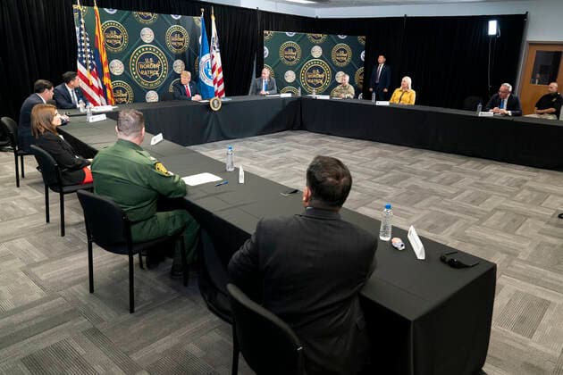 June 23, 2020 - Yuma, Arizona - President Donald J. Trump is joined by U.S. Customs and Border Protection Acting Commissioner Mark Morgan; Department of Homeland Security Acting Secretary Chad Wolf; Arizona Governor Doug Ducey; Senator Martha McSally, R-AZ, and other federal and state officials at a border security roundtable Tuesday, June 23, 2020, at the U.S. Border Patrol Yuma Sector headquarters along the U.S.-Mexico border near Yuma. Yuma USA - ZUMAz03_ 20200623_sha_z03_415 Copyright: xWhitexHousex