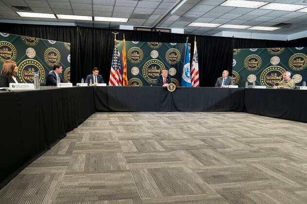 June 23, 2020 - Yuma, Arizona - President Donald J. Trump is joined by U.S. Customs and Border Protection Acting Commissioner Mark Morgan; Department of Homeland Security Acting Secretary Chad Wolf; Arizona Governor Doug Ducey; Senator Martha McSally, R-AZ, and other federal and state officials at a border security roundtable Tuesday, June 23, 2020, at the U.S. Border Patrol Yuma Sector headquarters along the U.S.-Mexico border near Yuma. Yuma USA - ZUMAz03_ 20200623_sha_z03_408 Copyright: xWhitexHousex