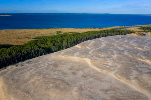 Poland, Pomerania, Leba, Aerial view of sand dune and sea at Slowinski National Park HAMF00614