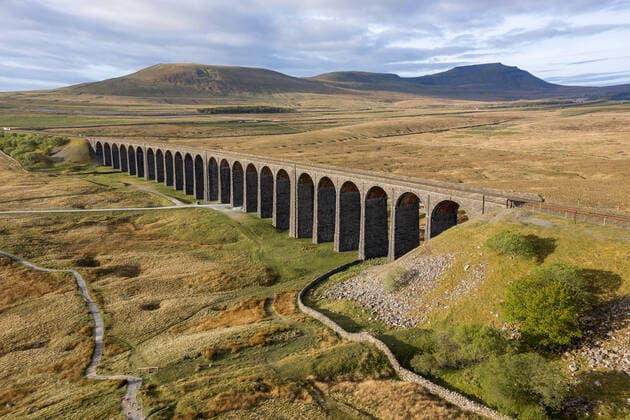 Aerial of The Ribblehead Viaduct a Grade II listed structure. Horton in Ribblesdale, England, United Kingdom CR_JUHO200616-406688-01