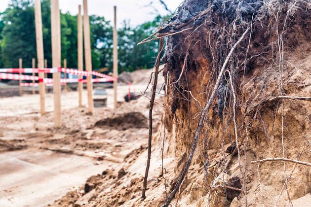 Ein Baugelände wird erschlossen. Das Erdreich ist abgetragen und Gebäudegrenzen abgesteckt, letzte Wurzeln der Vegetation sind freigelegt Entwurzelt *** A building site is being developed The soil has been removed and building boundaries marked out, the last roots of the vegetation have been exposed