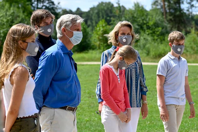 Crown Princess Elisabeth, Prince Gabriel, King Philippe - Filip of Belgium, Princess Eleonore, Queen Mathilde of Belgium and Prince Emmanuel pictured during a royal visit to the Bokrijk park and open-air museum in Genk, Saturday 27 June 2020.  DIRKxWAEM 2513211