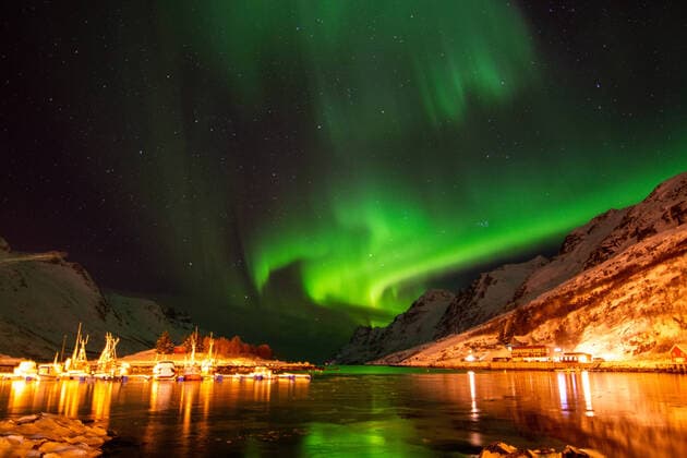 Northern lights over the port of Ersfjordbotn, Norway, Tromso polar lights over the port of Ersfjordbotn, Norway, Tromso BLWS621604 Copyright: xblickwinkel McPHOTO U.xGernhoeferx