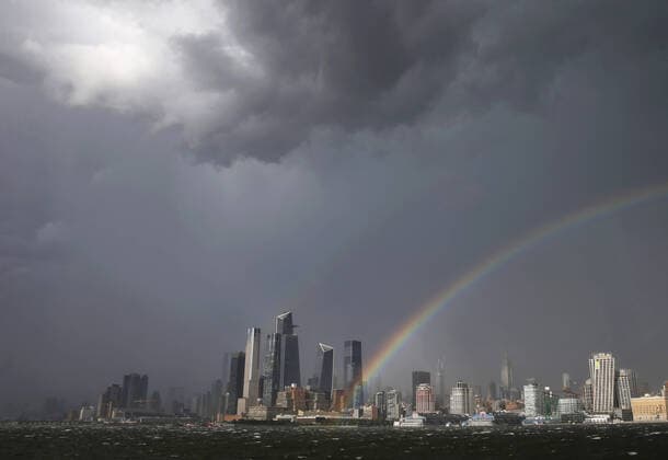A rainbow appears over Hudson Yards, The Empire State Building and the Manhattan skyline after a thunderstorm on Monday, June 29, 2020 in Hoboken, New Jersey. New York City prepares to enter phase 3 of a four-part reopening plan on July 6 after being closed for almost 4 months due to COVID-19.  NYP20200629107 JOHNxANGELILLO