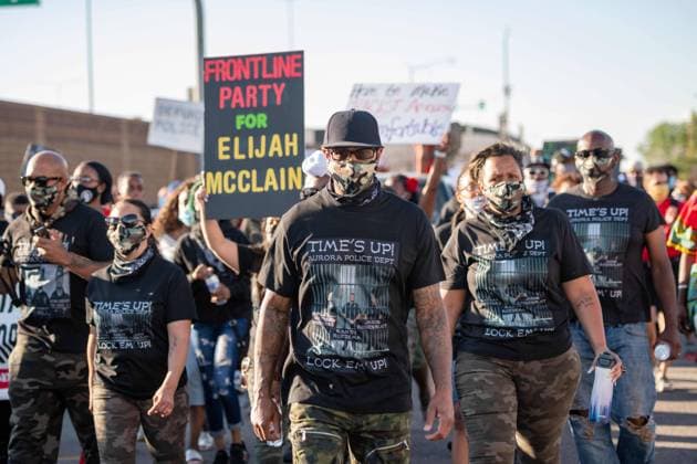 July 3, 2020, Aurora, Colorado, USA: An event organized by the Party for Socialism and Liberation lead protesters on a march through the streets of Aurora Colorado and eventually arriving at the Aurora Police Station. The protesters demanded that all the officers involved in the death of Elijah McClain be fired immediately. Aurora USA - ZUMAt221 20200703_zap_t221_037 Copyright: xTylerxTomasellox