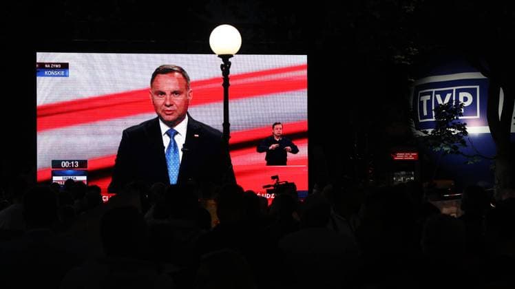 Current president of Poland Andrzej Duda participates by him self in so presidential debate in Konskie Current president of Poland Andrzej Duda participates by him self in so presidential debate on July 06, 2020 in Konskie, Poland. The dabate was organised by TVP - Polish state TV station. EN_01435733_0003 