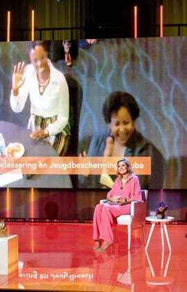 09-07-2020 Hilversum Queen Máxima during the presentation of the online announcement with this year s ceremony is Buddies Are You Together (Maatjes ben je Samen) of the winners of the Apples of Orange of the Orange Fund at Studio 47 in Hilversum. Three congratulatory teams handed out the prizes to the winners on location. Winners were Villa Pinedo from Amsterdam, Bedrijf & Samenleving from Haarlem and SOVEE from Amersfoort Due to the measures concerning the corona virus, the traditional presentation could not take place. The prizes are awarded to three initiatives that link volunteers for a longer period of time to people who can use extra help. The prize consists of a bronze statue and a sum of 15,000 euros.  Copyright: xx