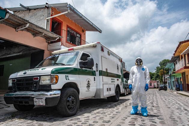 July 9, 2020, Xico, Veracruz, Mo xico: A group of ex-military personnel and paramedics from the Xico community in the Gulf of Mexico have created a group of volunteers who carry out health work against COVID-19. His tasks include the transfer of patients infected with COVID-19, as well as cures, sanitation and hospitalization of the sick. The Xico community is located in the rural area of Ã¢â‚¬¹Ã¢â‚¬¹the state of Veracruz and does not have a nearby hospital where they can attend to the sick, so this group of volunteers fights on the front line against the deadly disease. They survive on donations from the population. Xico MÃ xico - ZUMAqp1_ 20200709_zip_qp1_029 Copyright: xHectorxAdolfoxQuintanarxPerezx