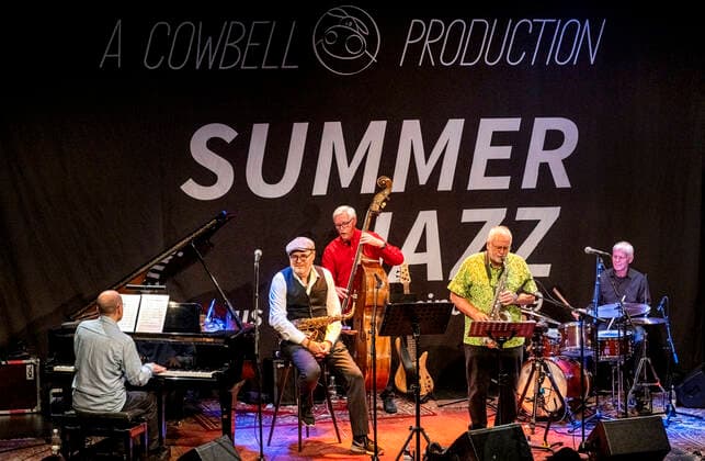 Benjamin Koppel - sax, Jens Soendergaard - sax, Alex Riel - trommer, Bo Stief - bas og Ole Kock Hansen paa scenen i Proevehallen i Valby loerdag den 11. juli 2020 under Sommer Jazz 2020, der afvikles som erstatning for Copenhagen Jazz Festival, der er aflyst paa grund af Coronakrisen Covid-19. , Copenhagen  Copyright: TorbenxChristensen TorbenxChristensenx COP201 spdk20200712-014837-L