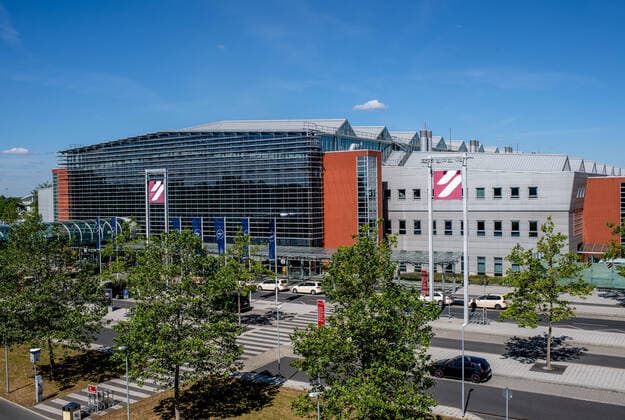 13 July 2020 Dresden Sachsen Flughafen Dresden International Impressions of what is happening at Dresden International Airport after the restart of flight operations Exterior view of Dresden International Airport