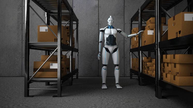 IMAGO Creative: Digitale Welt, Mixed Reality Humanoid robot works in a shipping warehouse Humanoid robot works in a shipping warehouse. 3d illustration.