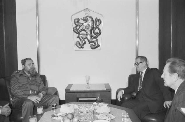 Prime Minister of Czechoslovakia Lubomir Strougal, center, and Secretary of the Central Committee of the Communist Party (UV KSC) Milos Jakes, right, meet with Fidel Castro, left, First Secretary of the Central Committee of the Communist Party of Cuba, in Prague, Czechoslovakia, on November 9, 1986. (CTKxPhoto ZuzanaxHumpalova) CTKPhotoF201910140430001