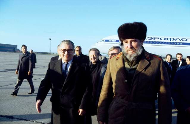 Prime Minister of Czechoslovakia Lubomir Strougal, left-front, and Secretary of the Central Committee of the Communist Party (UV KSC) Milos Jakes, center, welcomed Fidel Castro, right, First Secretary of the Central Committee of the Communist Party of Cuba, at the Ruzyne airport in Prague, Czechoslovakia, on November 9, 1986. (CTKxPhoto MichalxKalina) CTKPhotoF201910140434301