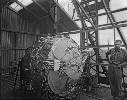 ...... Today (16 July) marks the chilling anniversary of the detonation of the first ever nuclear bomb. Now, I am become Death, the destroyer of worlds. J. Robert Oppenheimer, speaking at the detonation of his invention, the first atomic bomb. On 16 July 1945, the ?Trinity? nuclear test plunged humanity into the so-called Atomic Age. The first-ever nuclear bomb was detonated in New Mexico, at the Alamogordo Test Range. Nicknamed the gadget, the plutonium-based implosion-type device yielded 19 kilotons, creating a crater over 300 metres wide. Three weeks after the test, on 6 and 9 August 1945, nuclear bombs one of them based on the Trinity design - were dropped on the Japane Copyright: xx 40719185 EDITORIAL USE ONLY. NOT FOR USE BY NEWSPAPERS BASED IN THE UK.