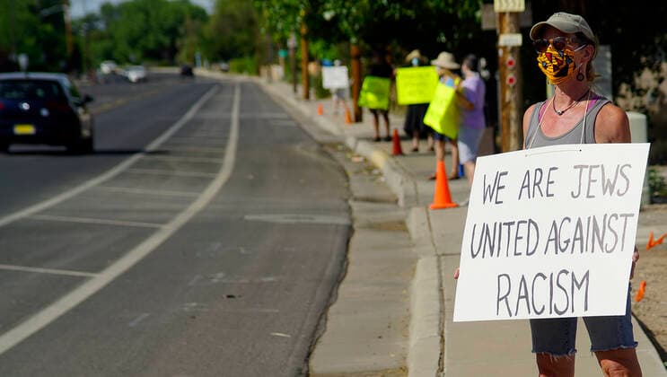 July 19, 2020, Albuquerque, NEW MEXICO, USA: 071920 ..Becky Gordon, a member of Nahalat Shalom holds a sign along Rio Grande Blvd . in support of Black Lives Matter .Photographed on Sunday July 19, 2020.Adolphe Pierre-LouisJournal. Albuquerque USA - ZUMAab1_ 20200719_zaf_ab1_013 Copyright: xAlbuquerquexJournalx
