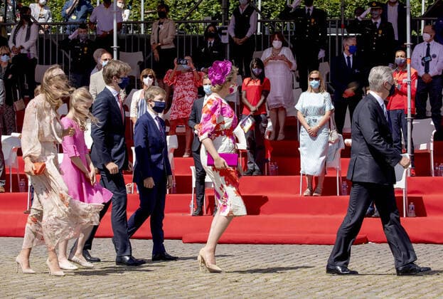 21-07-2020 Brussels Queen Mathilde and King Filip and Princess Elisabeth and Prince Gabriel and Princess Eleonore and Prince Emmanuel during the official celebration on the occasion of Today s Belgian National Day, at the Paleizenplein Place des Palais, in Brussels. The ceremony pays tribute to the health workers who tackled the Covid-19 crisis.  Copyright: xPPEx