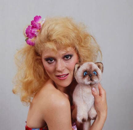 Audrey Landers Audrey Landers, amerikanische Schauspielerin und Sängerin, mit Stofftier, Deutschland um 1985. American actress and singer Audrey Landers with plush cat, Germany around 1985., Deutschland Copyright: HelmutxReiss UnitedArchives830002857 EDITORIAL USE ONLY