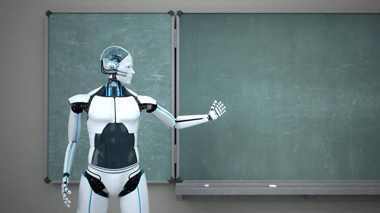 IMAGO Creative: Digitale Welt, Mixed Reality Humanoid Robot Chalk Board Teacher Humanoid robot in the classroom with a green chalk board. 3d illustration.