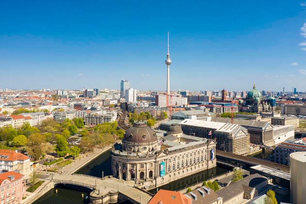 Germany, Berlin, Aerial view of Bode Museum with Fernsehturm Berlin in background TAMF02396