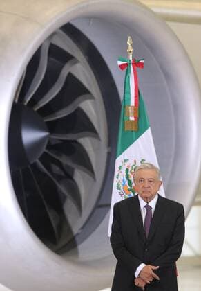 The President of Mexico, Andres Manuel Lopez Obrador, participates this Monday, during a morning press conference at the facilities of the Air Base number 19, before the Presidential Hangar in Mexico City, México 27 July 2020. Press conference of the President of Mexico Andres Manuel Lopez Obrador at the Air Base number 19 !ACHTUNG: NUR REDAKTIONELLE NUTZUNG!  Copyright: xJorgexNúnezx MEX4791 20200727-637314702544791547